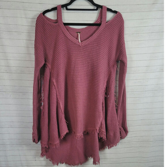 FREE PEOPLE MOONSHINE WAFFLE KNIT COLD SHOULDER SWEATER IN MAUVE, SZ SMALL - Picture 2 of 14